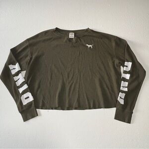 Victoria Secret’s PINK Women's Waffle Long Sleeve Dark Green Cropped Top Large